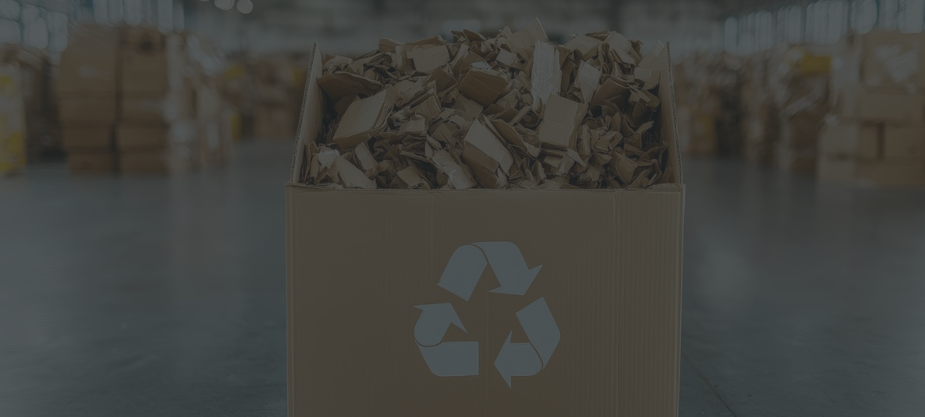 carboard with a recycling sign on it holds bits of crushed cardboard with many pallets of cardboard lined in the back